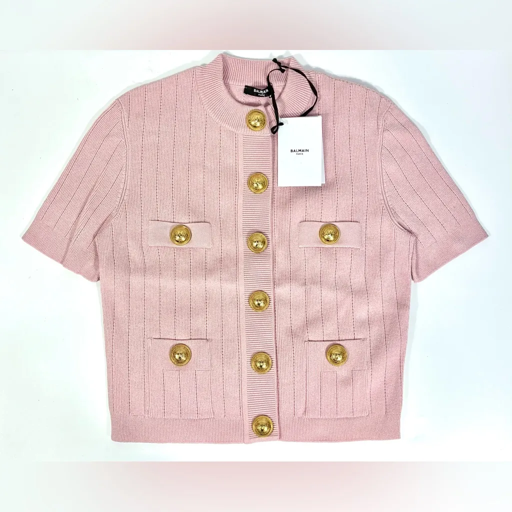 Balmain Knitted Four Pocket Short Sleeve Cardigan FR 40 US 8 Pink NWT - Image 8