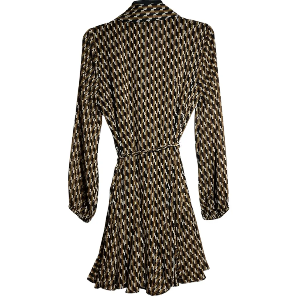 Zara Brown Gold Geometric Print Ruffled Long Sleeve Button Down Belted Dress S - Image 3