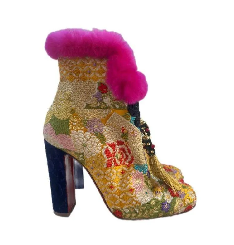Christian Louboutin May Wong 100 Floral & Rabbit Fur Block Heel Booties - Image 5