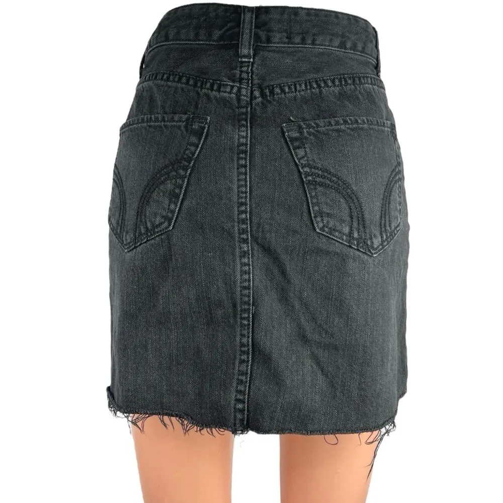 Hollister Black High Waisted Raw Hem Cut Off Pencil Mini Denim Jean Skirt Size 0 - Image 3