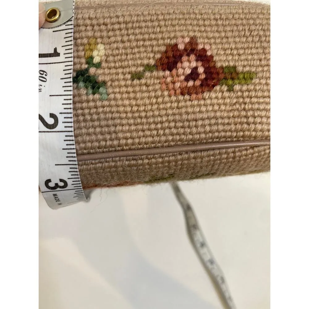 Vintage Floral Tapestry Needlepoint Purse Handbag Granny w/ Small Mirror EUC Tan - Image 11