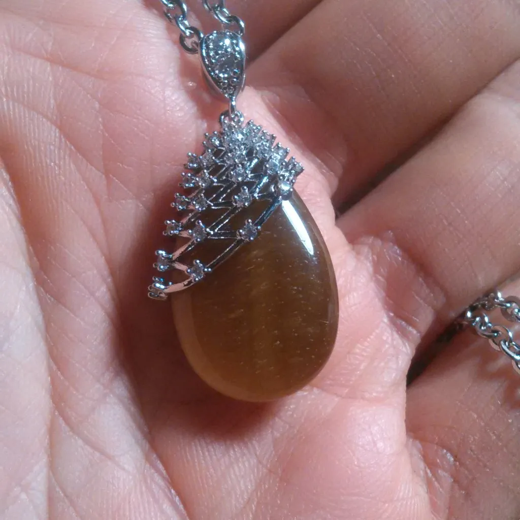 Netted Tiger's Eye and White Zircon Silvertone Pendant Stainless Steel Necklace - Image 11