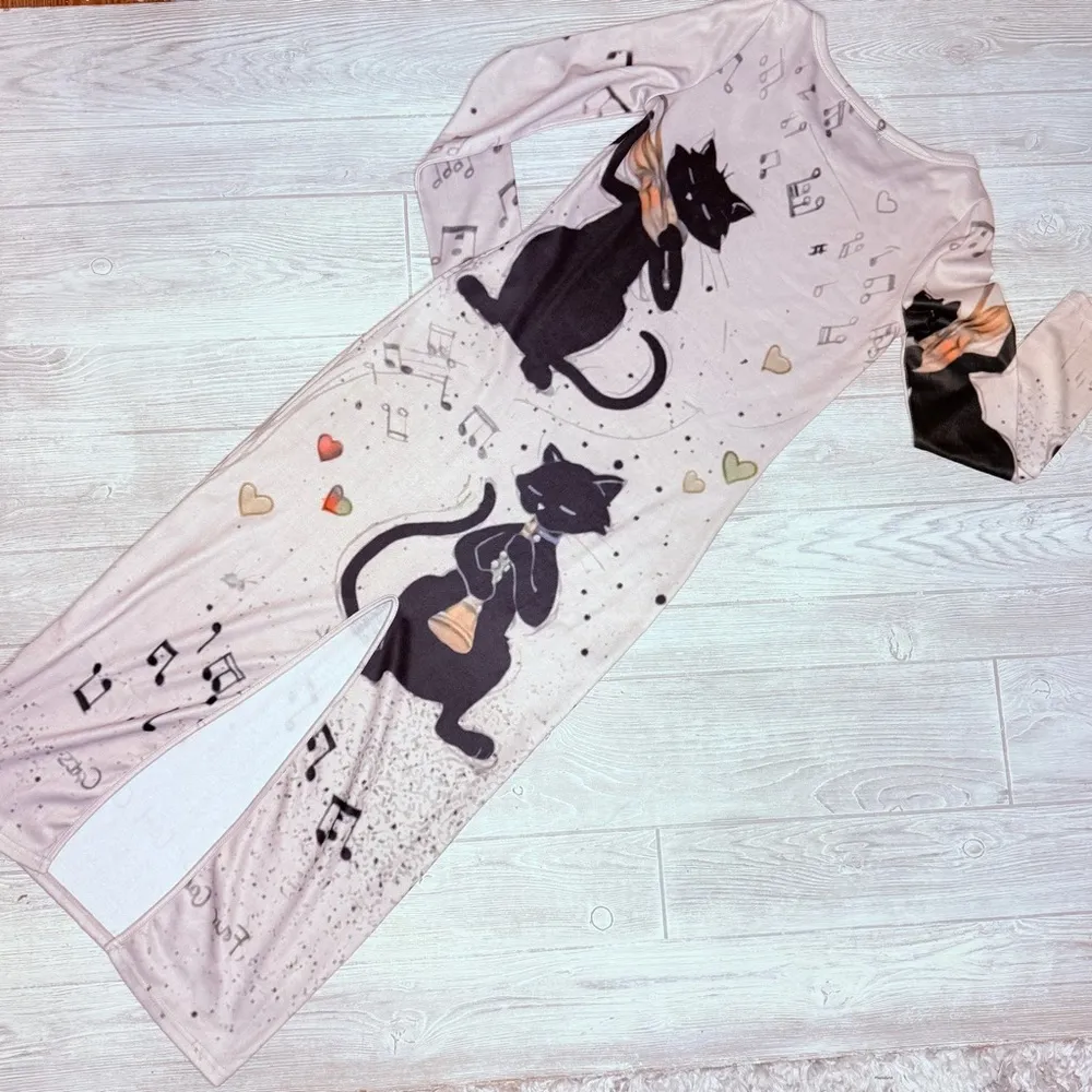 Vintage misslook maxi long sleeve four cool cats black cats playing music dress Size M - Image 2