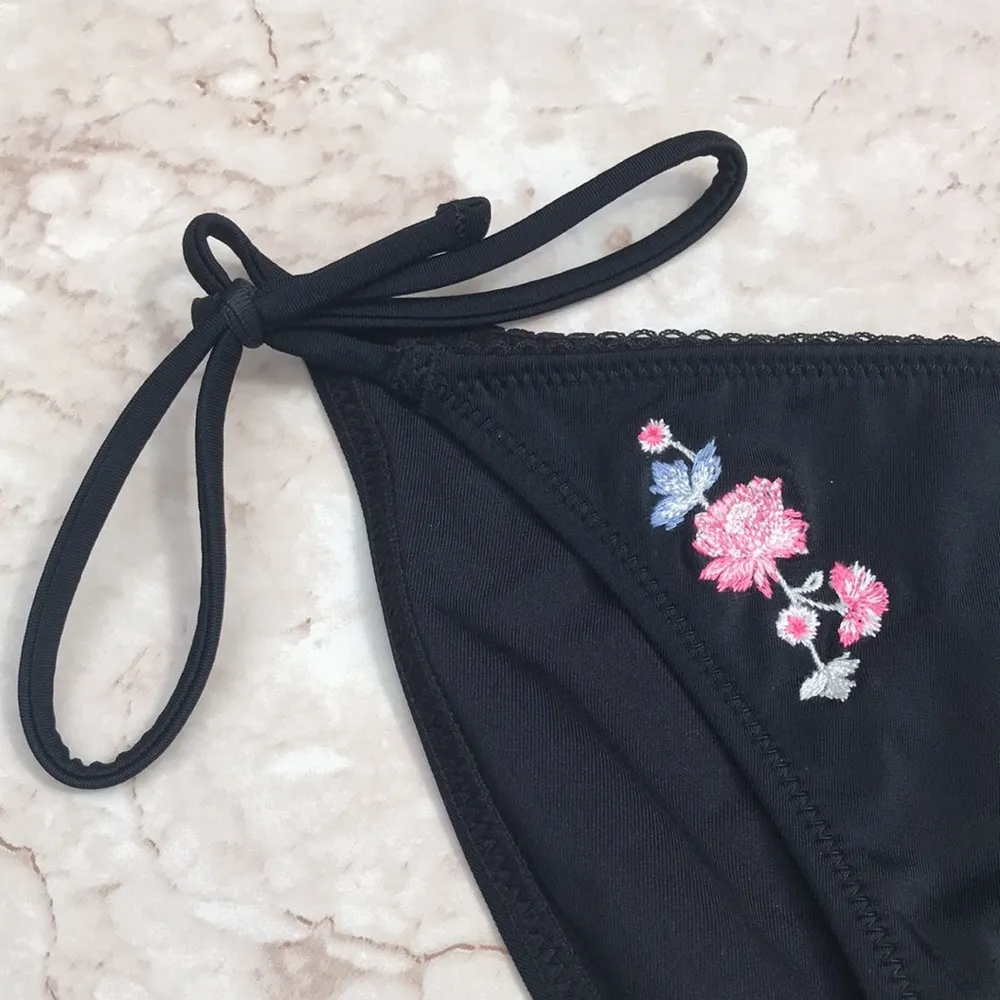Black and Pink  Floral Embroidered String Bikini Bottoms - Image 4
