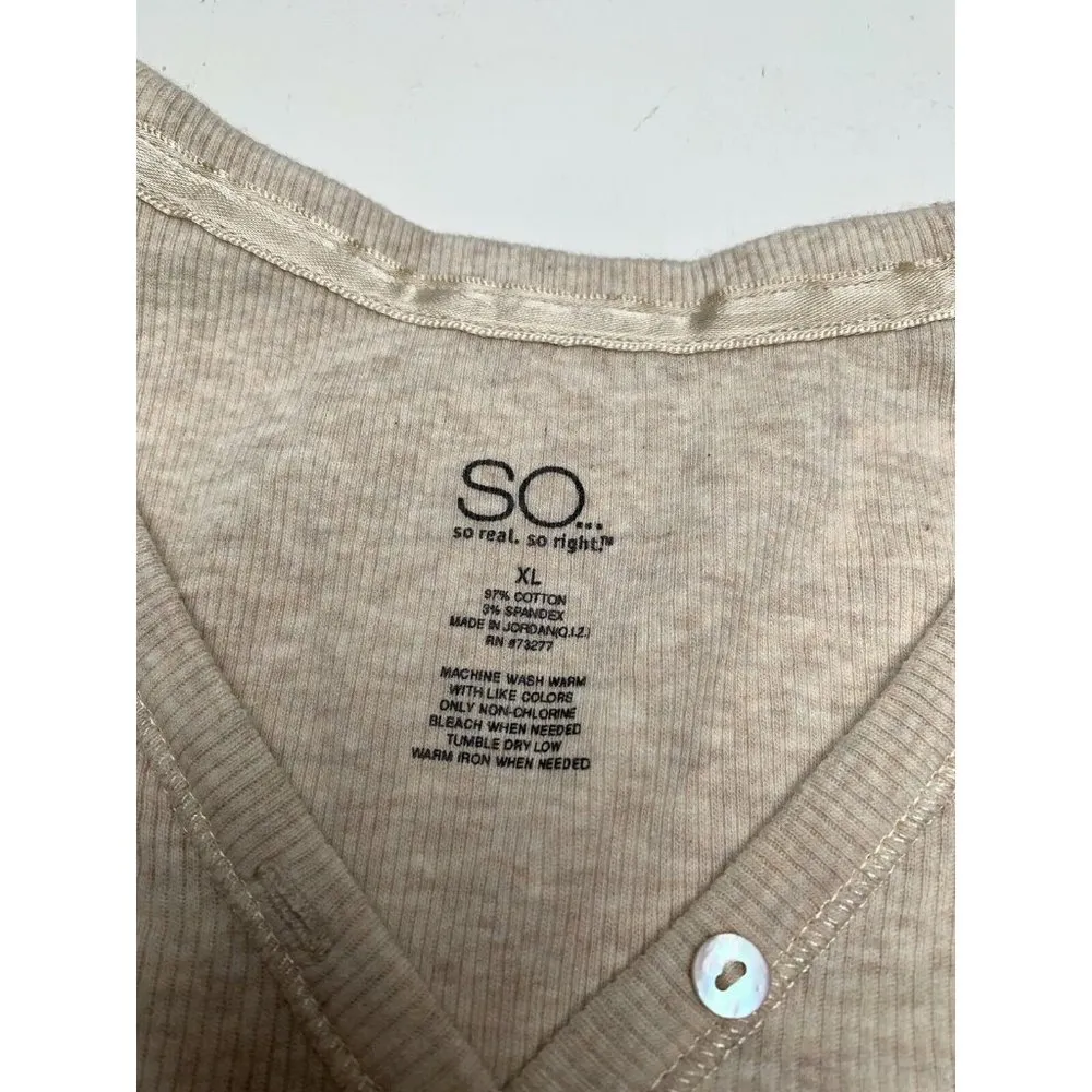 NWOT SO XL Beige Long Sleeve Ribbed Shirt Womens Cotton Spandex V-Neck Casual - Image 5