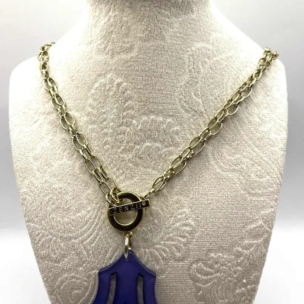 Zenzii Blue Scroll Double Strand Toggle Gold Tone Necklace Statement Big Bold - Image 3