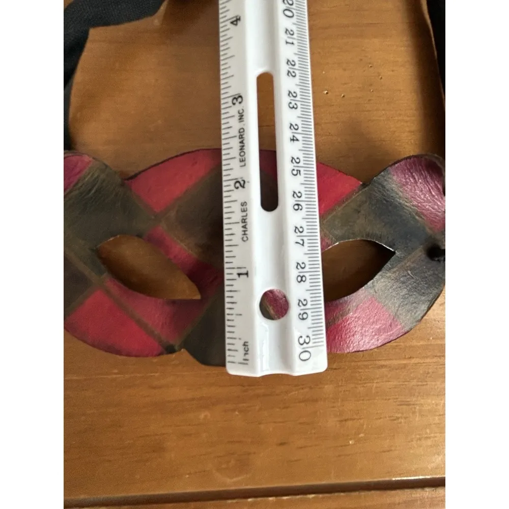 Vintage Ca Macana Venetian Mask Red Black Check Ribbon Tie LeatherHandmade Italy - Image 7