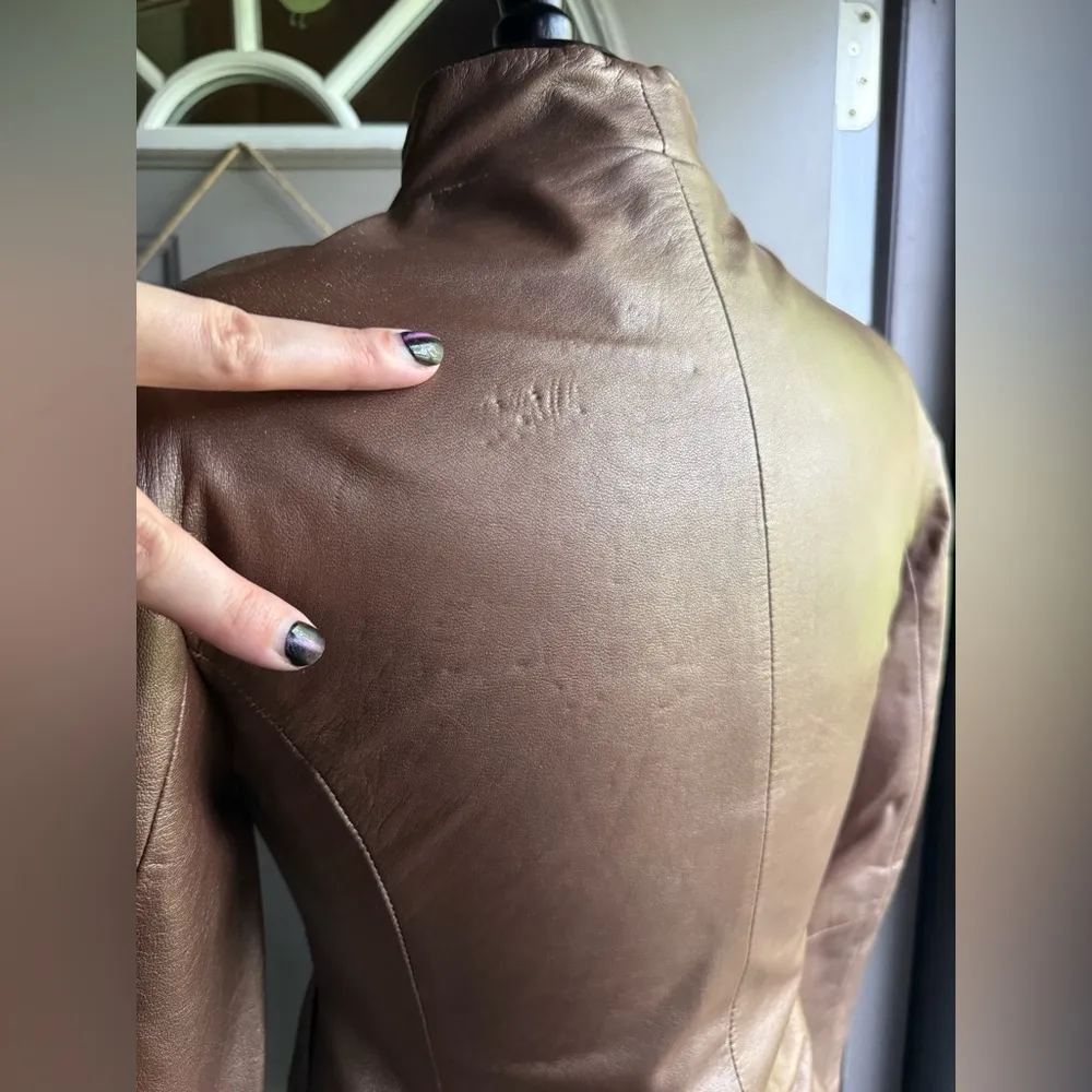Vintage Y2K Brandon Thomas bronze leather zipper moto jacket, size small Brown - Image 8