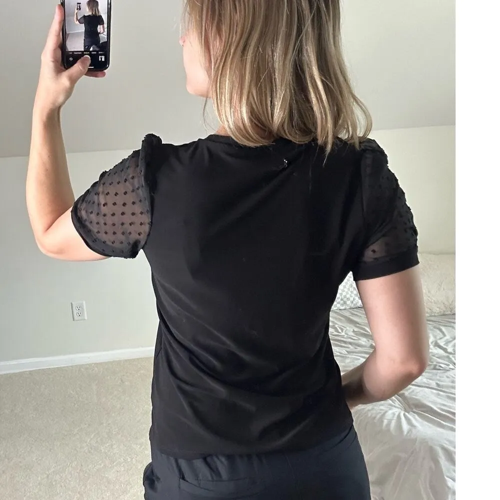Cece: Black Mesh Bubble Sleeve Swiss Dot Blouse - Image 2