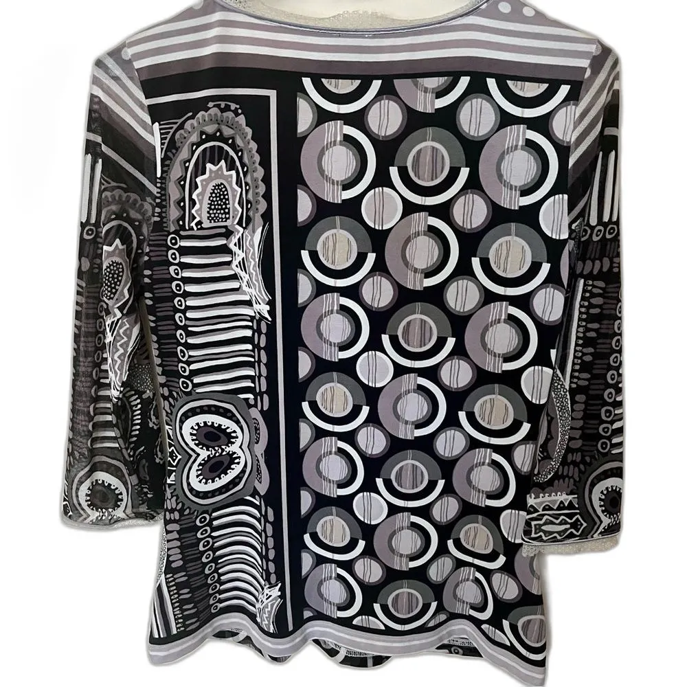 ANAC by Kimi Vintage Y2K Mixed Print Mesh Surplice Top Artsy Art to Wear Sheer L Black Size L - Image 6