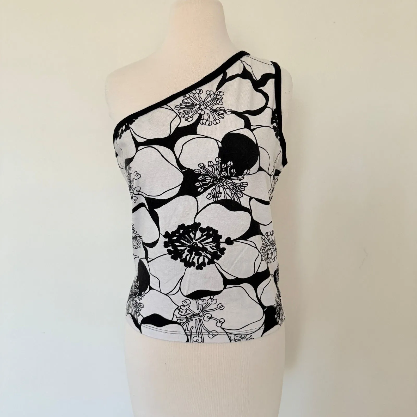 MKM Vintage Y2K Edgy Black & White One Shoulder Stretchy Graphic Crop Top - Image 2