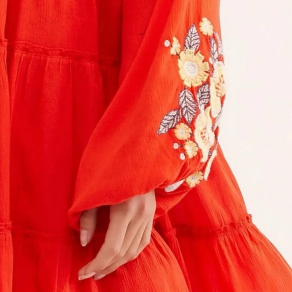 Free People Orange Red Embroidered Boho Floral Spell On You Mini Dress XS - Image 6