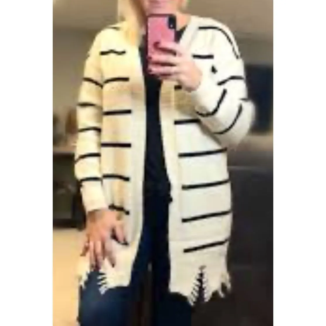 Jodifl Women's White Striped Fringed Bottom Open Front Cardigan Sweater sz S Coz - Image 2