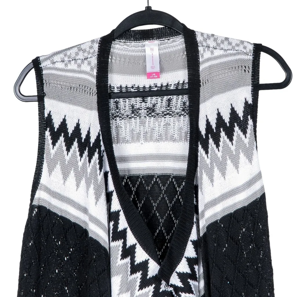 No Boundaries Cardigan Sweater L 11 13 Juniors Sleeveless Gray Black White Knit - Image 2