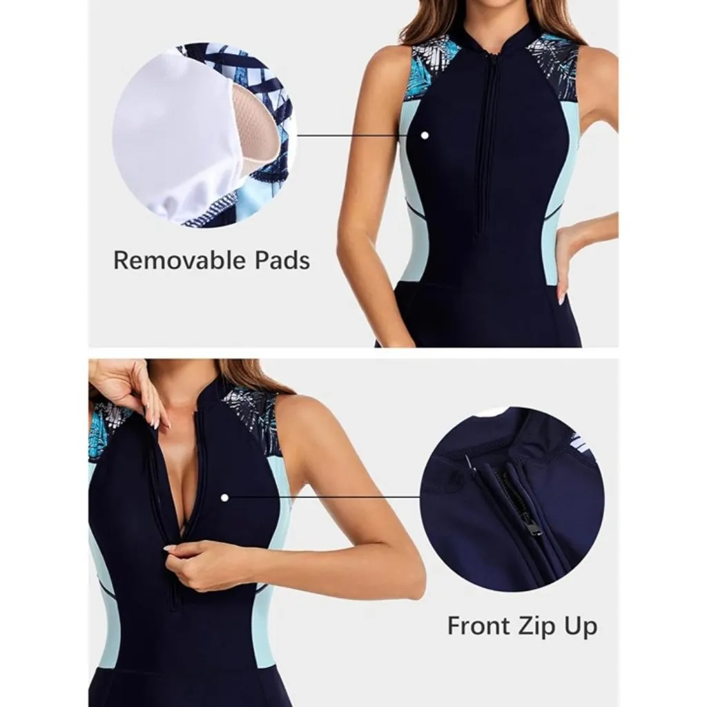 Women's 2 One Piece Rash Guard Sleeveless Zipper Swimsuit Athletic Boyleg Navy Blue - Image 5