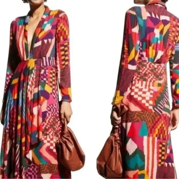 NWT Farm Rio Red Abstract Patches Maxi Dress Long Sleeves Women's XS - Image 2