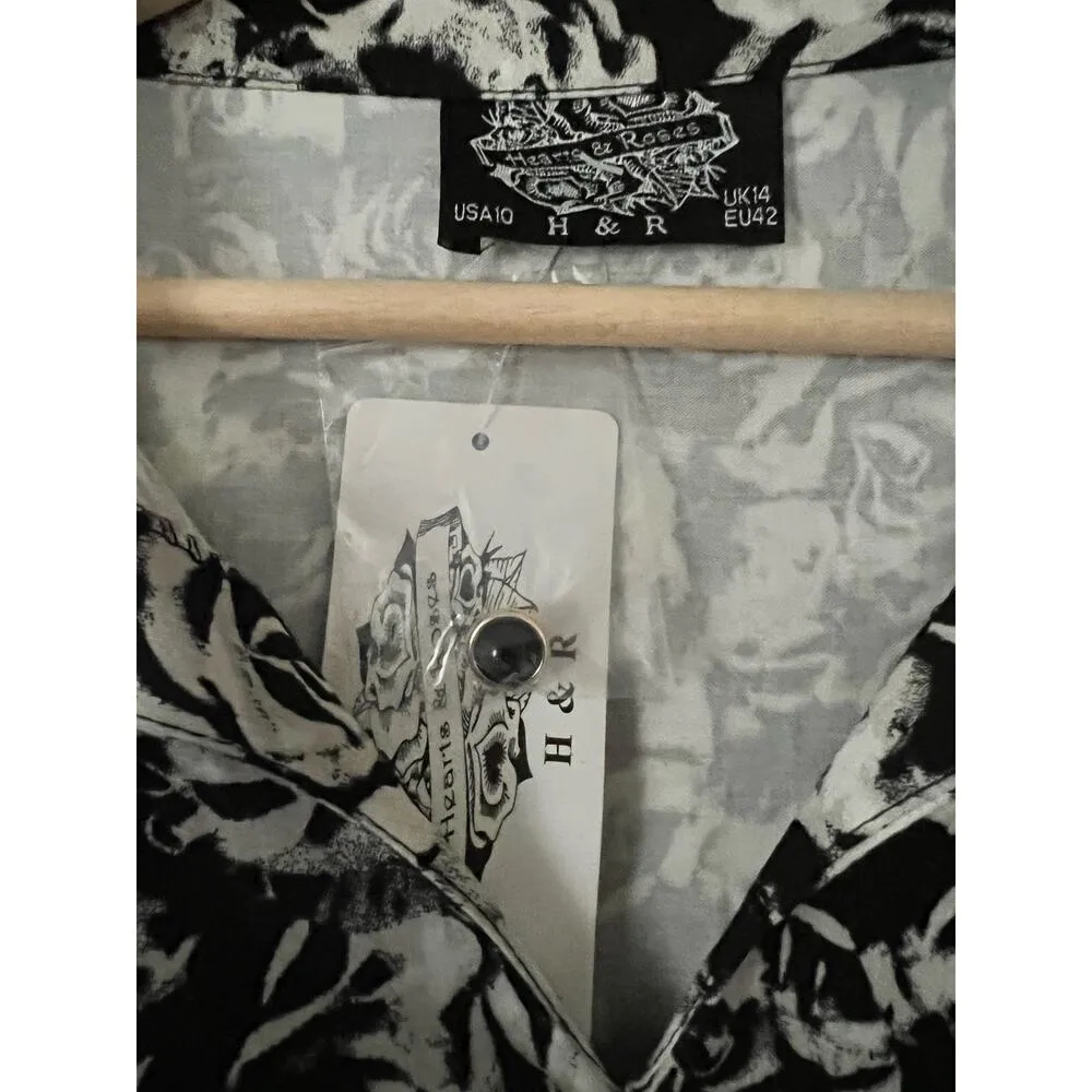 Hearts & Roses Black Black Cream Rose Tea Dress Floral Retro Newsprint Swing Size 10 - Image 3