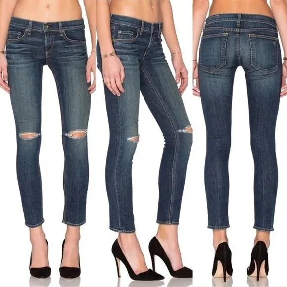 Rag & Bone Blue Dark Wash Denim Tomboy Low Rise Fitted Distressed Jeans 27 - Image 2