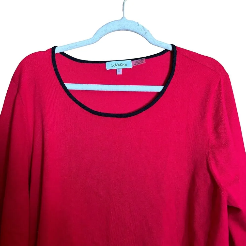 Calvin Klein Sweater Top Womens 2X Red Black Trim Tiered Bell Sleeves Blouse - Image 2