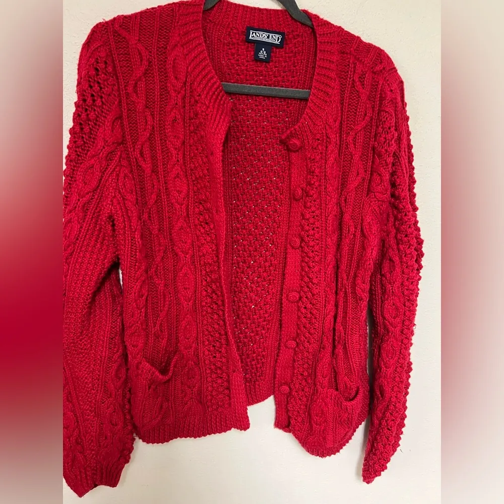 Land’s end crochet cardigan bright red cardigan women’s small - Image 2