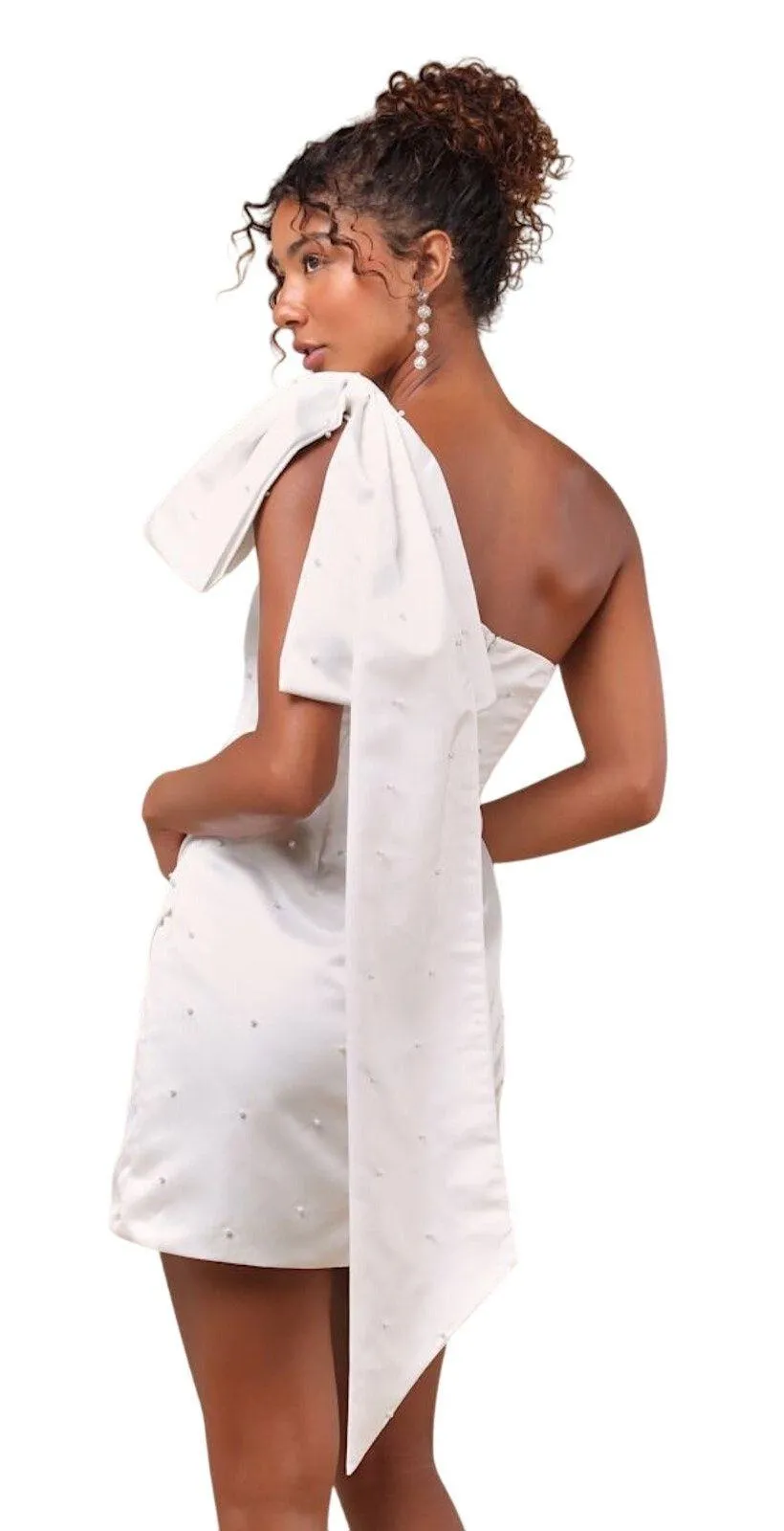 Lulus Posh Behavior White Pearl Bow One-Shoulder Mini Dress size M NWT - Image 2