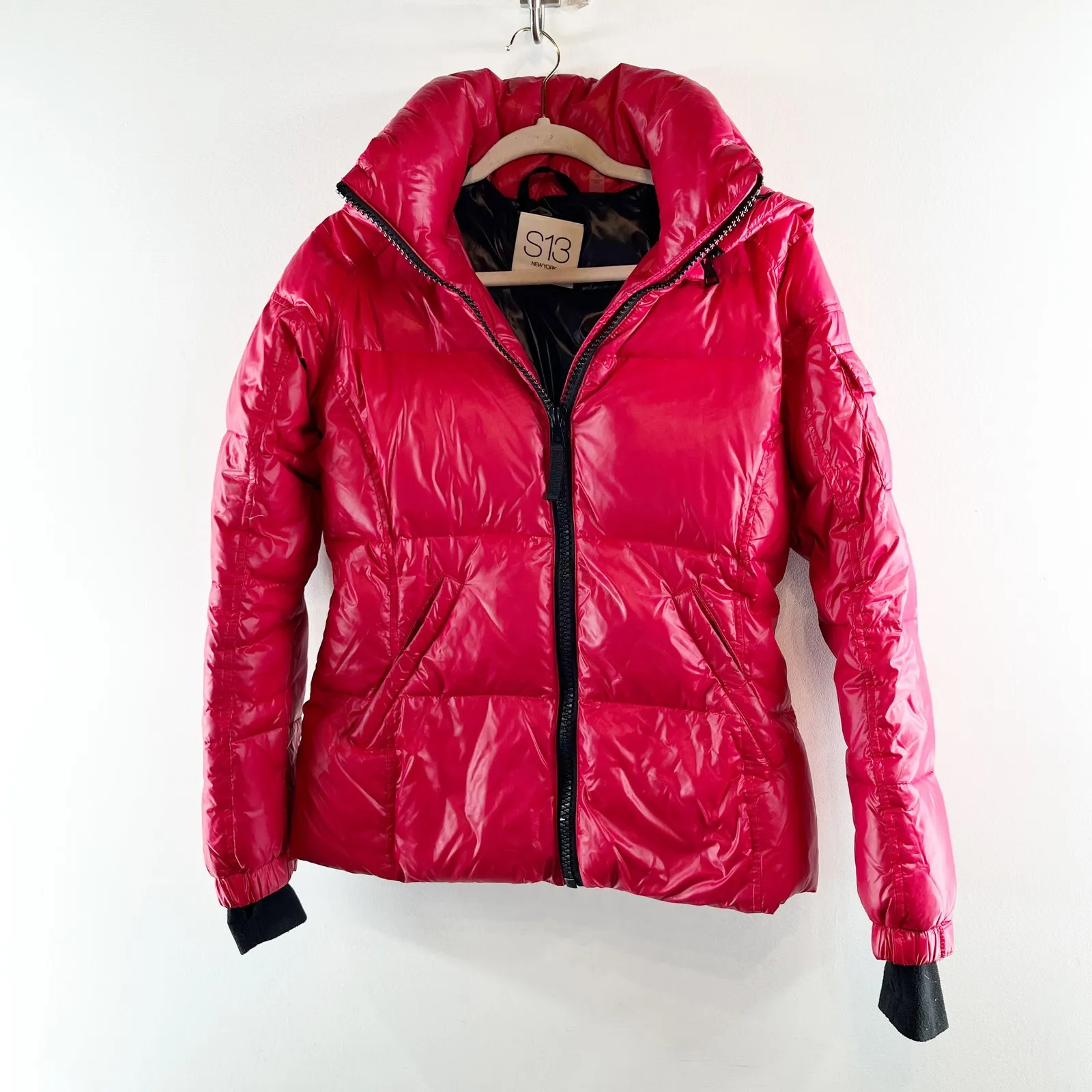 S13 Hooded Nylon Duck Feather Down Puffer Coat Jacket Red Medium - Image 2