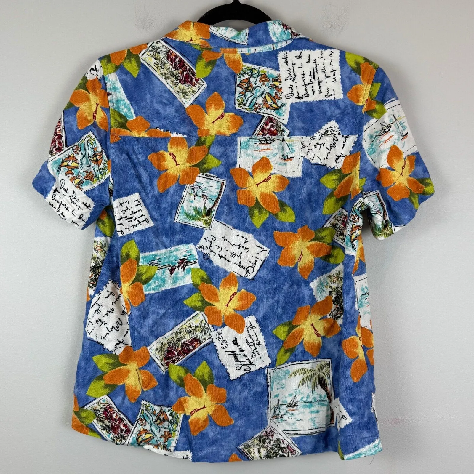 Marsh‎ Landing Hawaiian Shirt Women's Small Blue Tropical Aloha Luau Post Card - Image 2