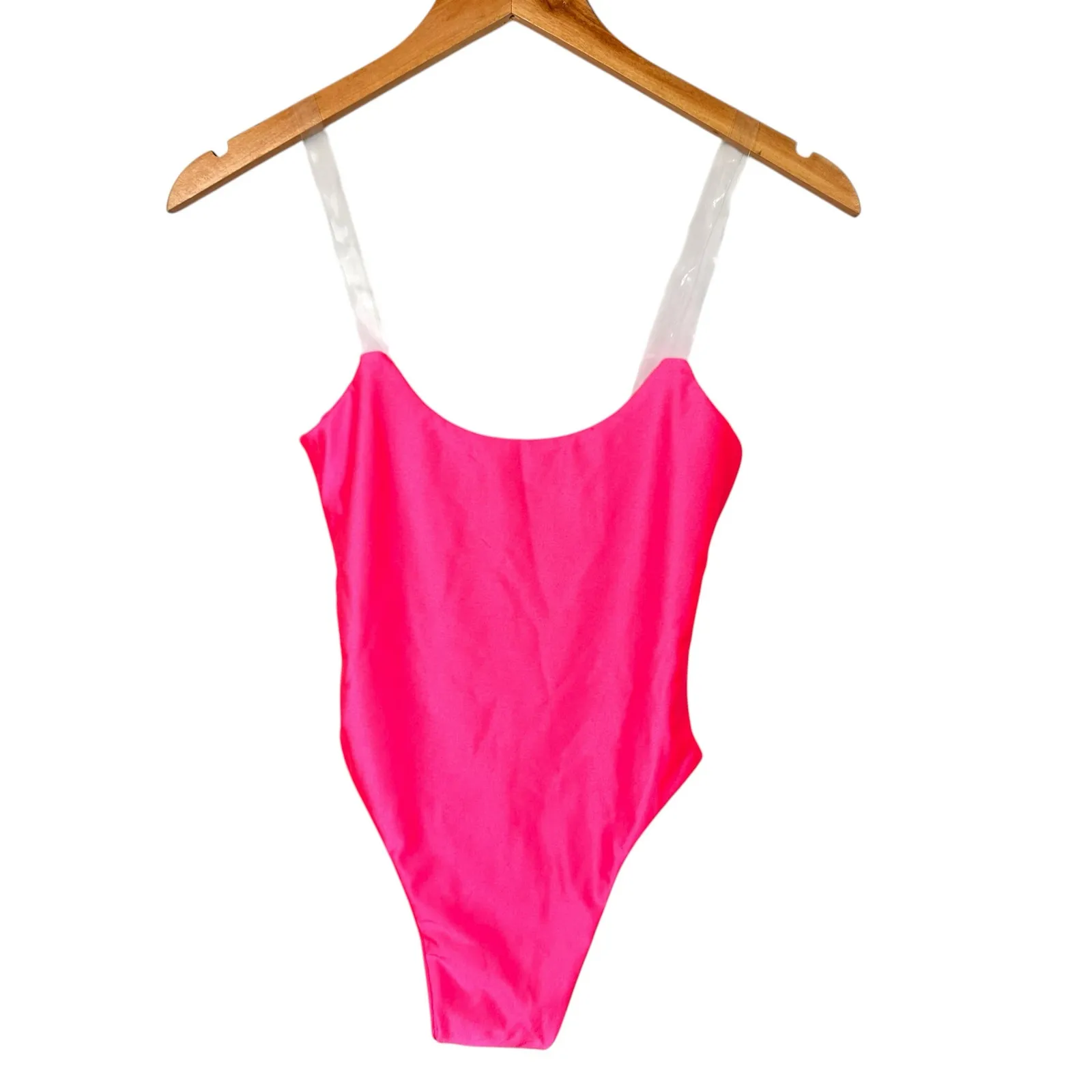 PrettyLittleThing Neon Pink Clear Strap Scoop neck Swimsuit Size 4 NWT Festival - Image 2