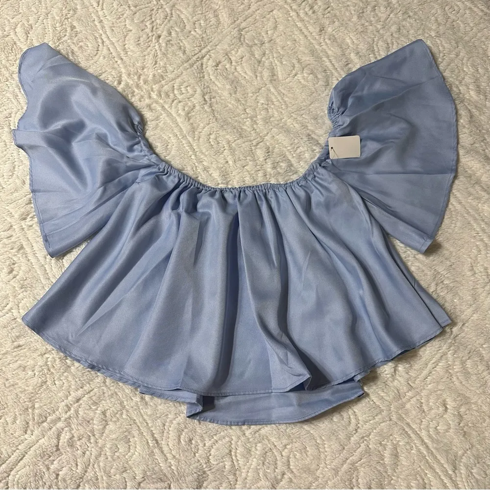 BLUE Flounce Off the Shoulder Cropped Top - Image 2