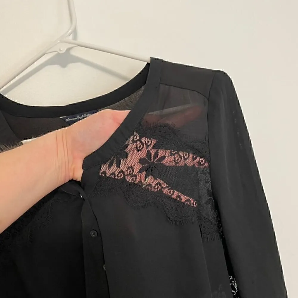 AMERICAN EAGLE Black Floral Lace Inset Semi Sheer 3/4 Sleeve Boho Peasant Blouse - Image 7