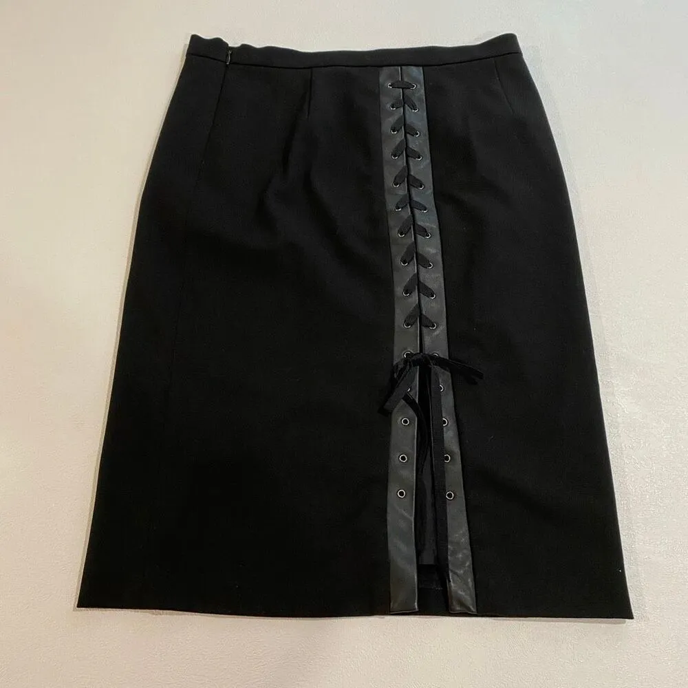 BCBGMAXAZRIA Black Lace-Up Faux Leather Trim Pencil Skirt Women’s Size 4 - Image 2