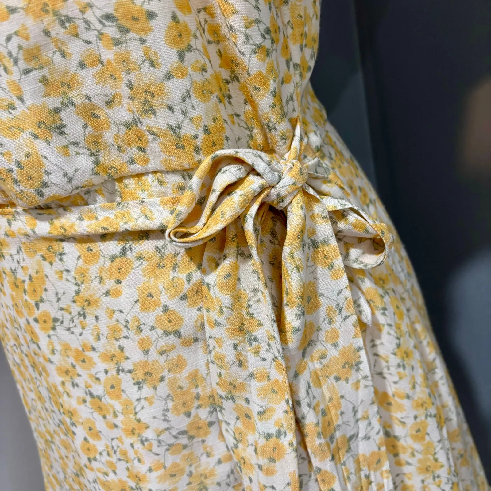 Yellow white cottagecore puff-sleeve wrap-dress mini, ruffle feminine cruise, XL - Image 4