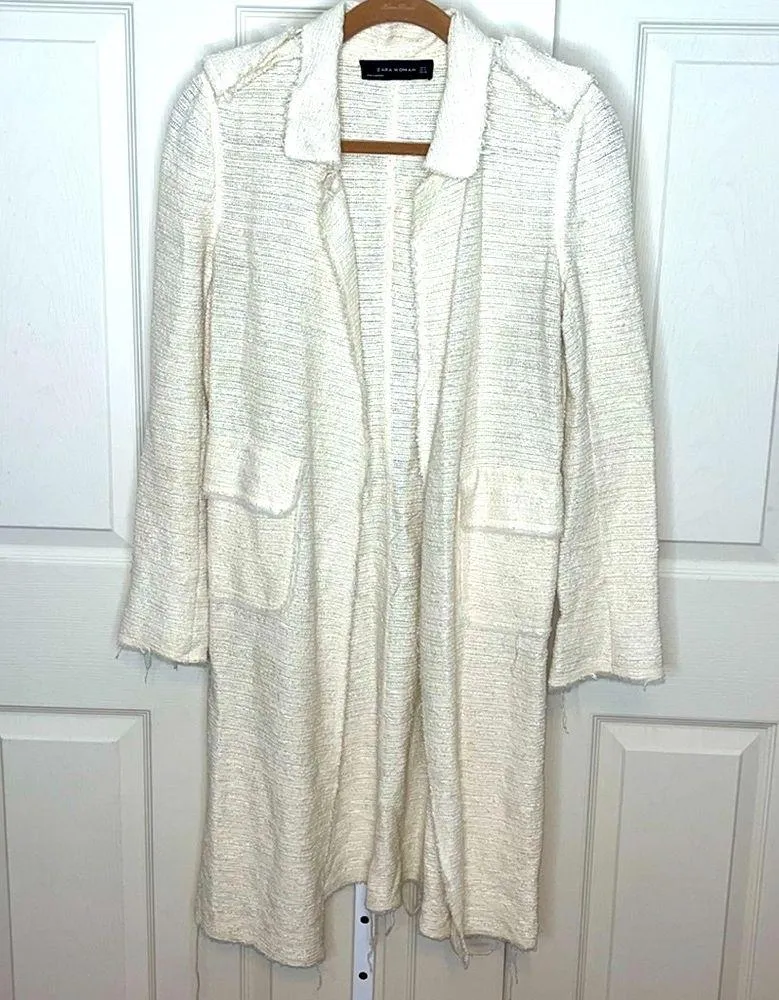 Zara Cream Tweed Long Cardigan small - Image 2