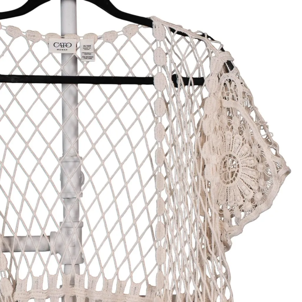 Cato Crochet Open Knit Fringe Cardigan 14 16W Womens 100% Cotton Off White Boho - Image 2