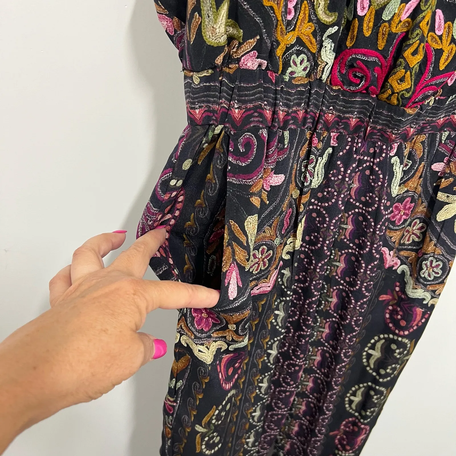 Hemant & Nandita Embroidered 100% Silk Jumpsuit Open Side & Back S Indie Boho - Image 6