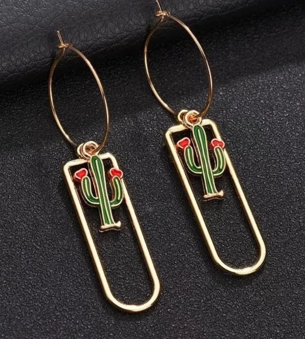 Cactus Hoop Drop Dangle Earrings Gold - Image 2