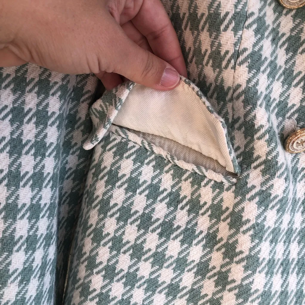 ZARA TAILORED GREEN houndstooth BLAZER SZ Small button details - Image 4