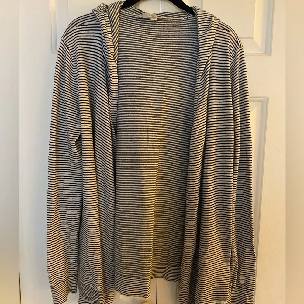 Ann Taylor Loft Black and White Striped Hooded Sweater Cardigan Jacket, Small - Image 2