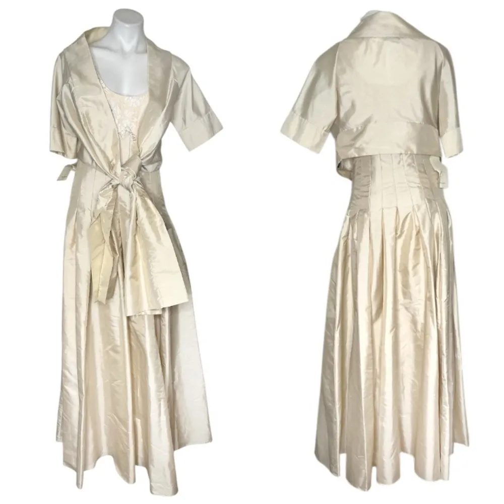 CALVIN KLEIN Gown Beige Formal Sleeveless Shrug Tie Jacket Lace Bodice Size 6 - Image 11