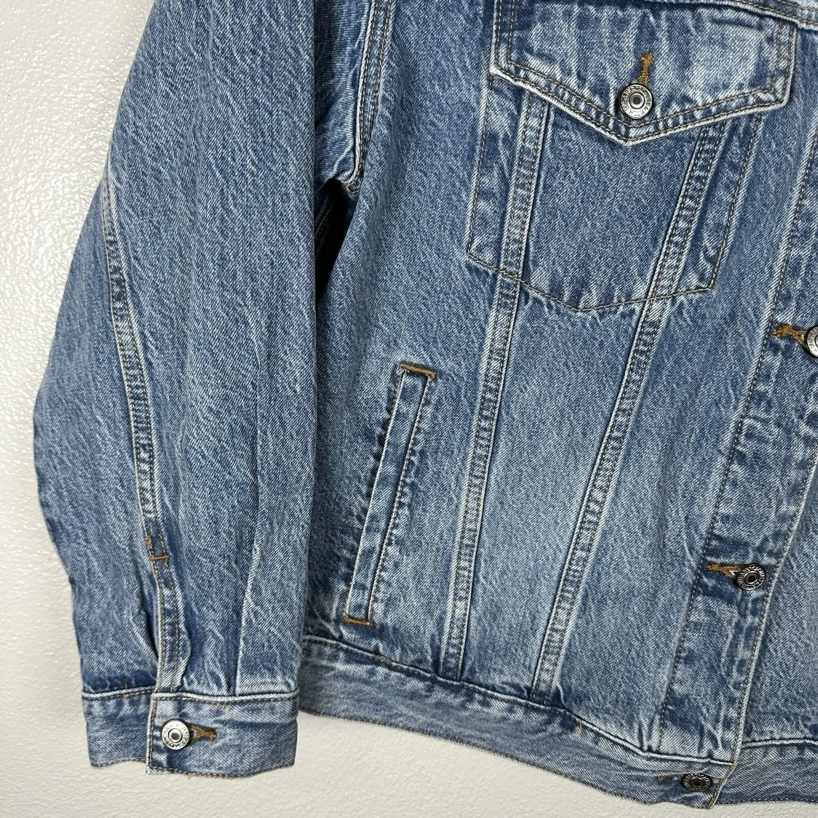 Abercrombie & Fitch Denim Jacket Womens XL Button Up Jean Collarless Medium Wash - Image 3