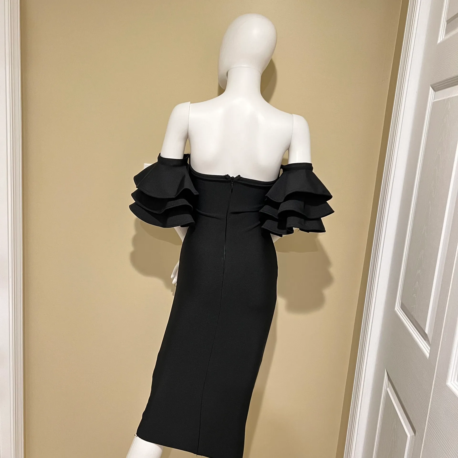 Ruffle Bandage Backless Midi Dress Open Back Slim Fit Bodycon Dress Party Dress Casual Dress Black Size XS - Image 11