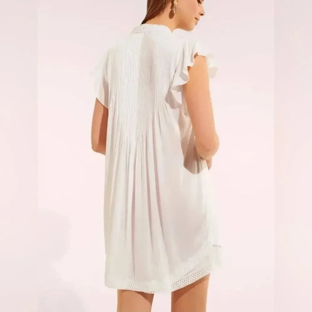 POUPETTE St. Barth Size S White Sasha Crochet Pleated Flutter Sleeve‎ Mini Dress - Image 10