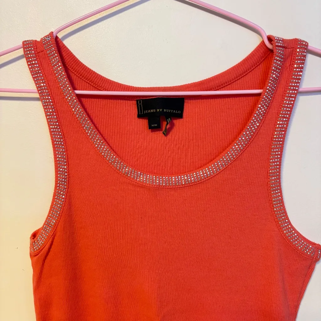 I Jeans by Buffalo Y2K Rhinestone Collar Trim Ribbed Tank Top Orange Womens M Size M - Image 2