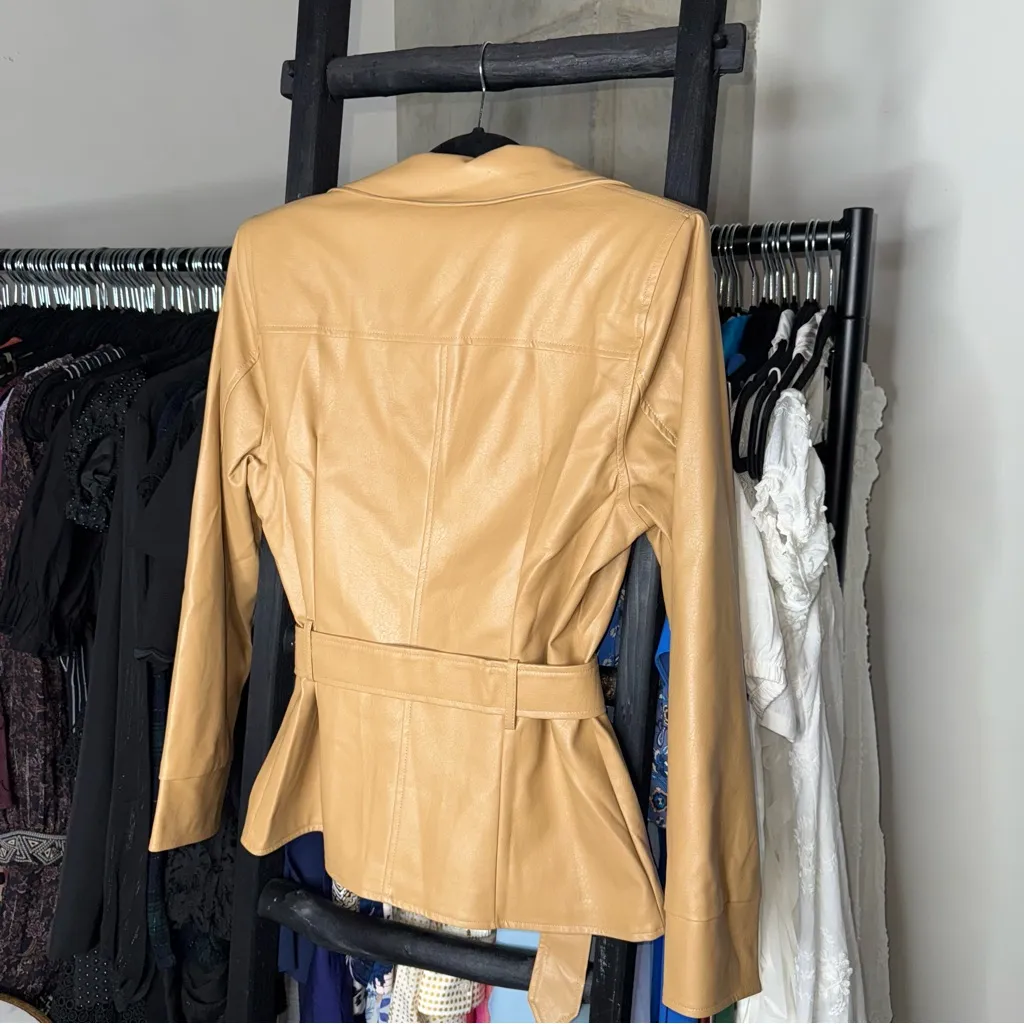 JLUXLABEL Camel Faux Leather One Button Front Belted Blazer Jacket - Image 9