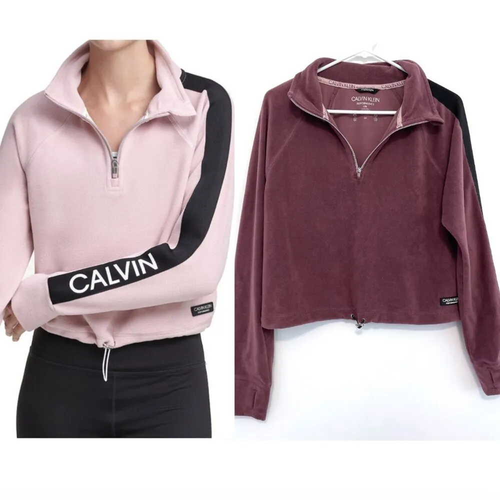 CALVIN KLEIN PERFORMANCE Half Zip Logo Top Purple Fleece 1/2 Zip Crop Sweatshirt - Image 2