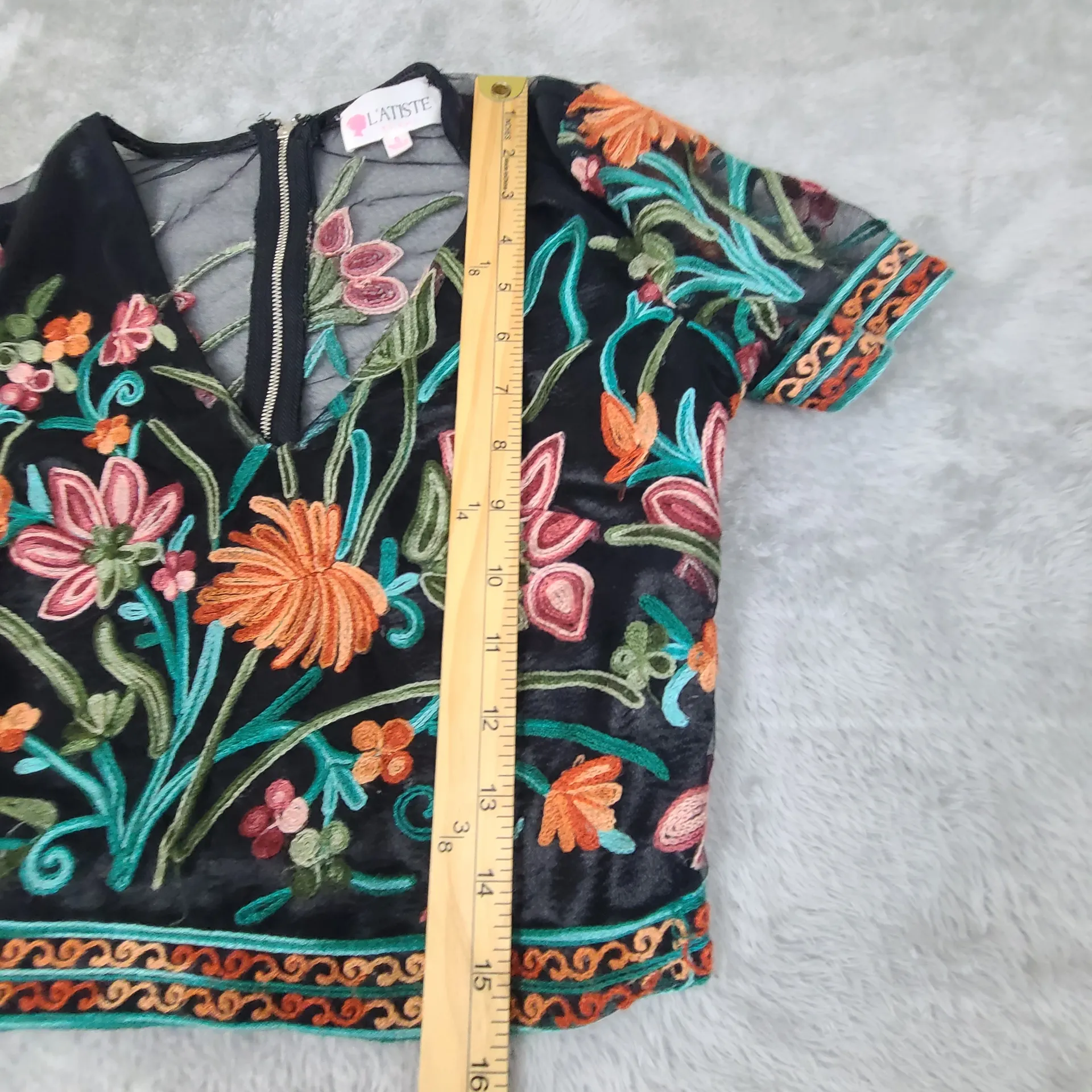 L'ATISTE Black Mesh‎ Blouse with Multicolor Floral Design - Image 6
