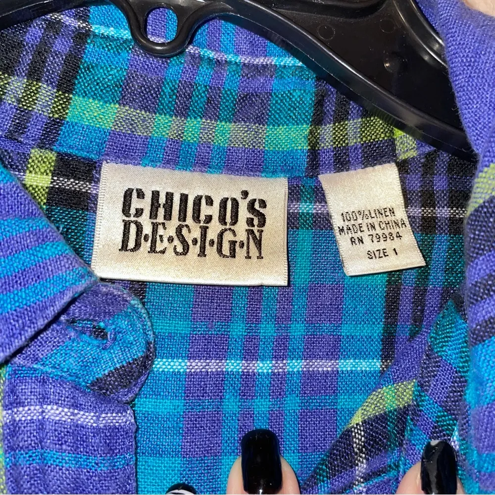 Chico’s Design Plaid Linen Tunic Length Button Down Shirt Size Medium - Image 2