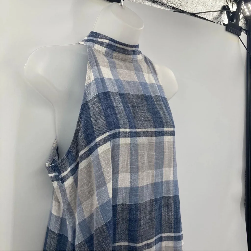 Bella Dahl Linen Blend Blue Plaid Coastal Halter Flowy Top Button Back Sz Small - Image 3