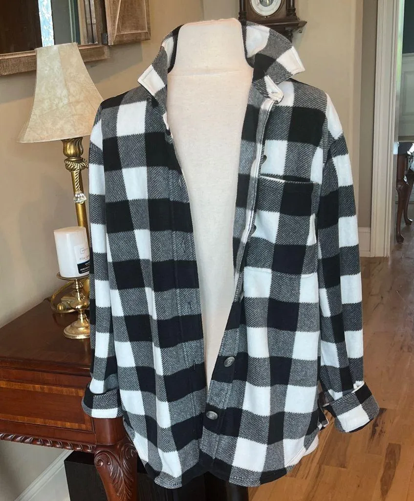 Eddie Bauer Micro fleece Button Up Shirt Black White Buffalo Check Oversized - Image 4