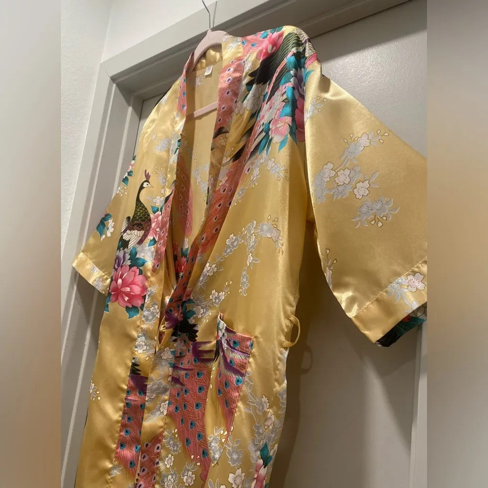 VTG 80s 90s Cream Champagne & Pink Peacock Floral Print Kimono Robe Bathrobe - M - Image 4